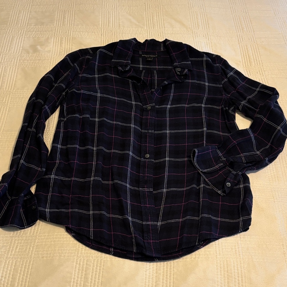 Banana Republic Navy, White and Purple Plaid Women’s Shirt